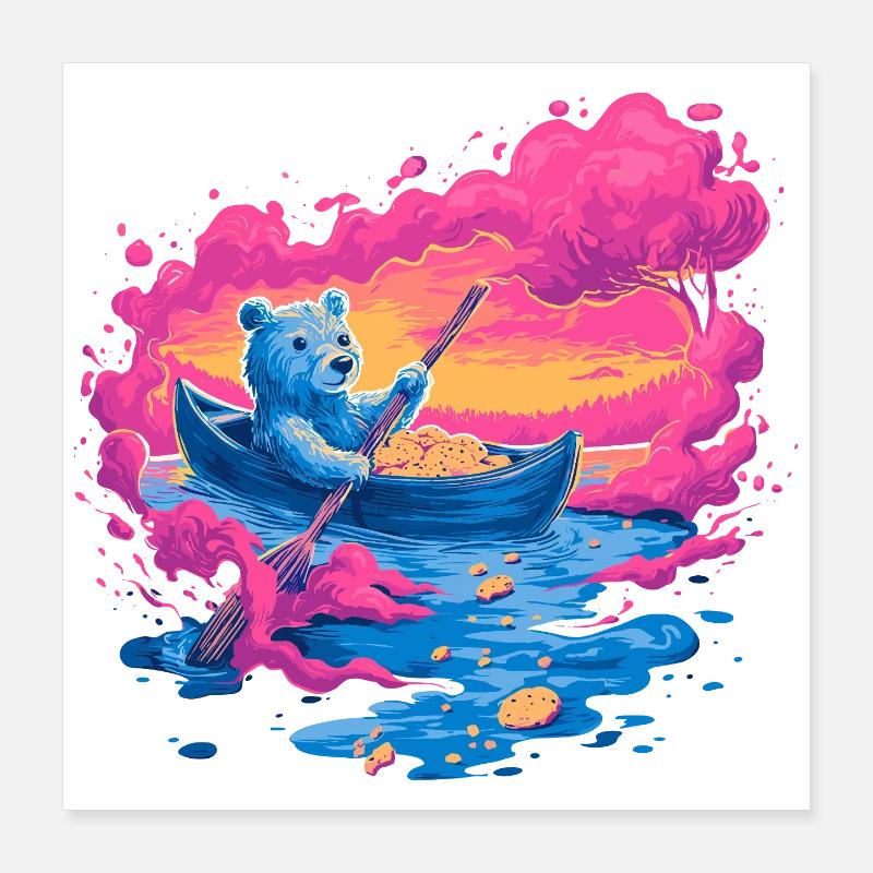 Neon bear in pink sunset canoe Poster 16" x 16" (40x40 cm)