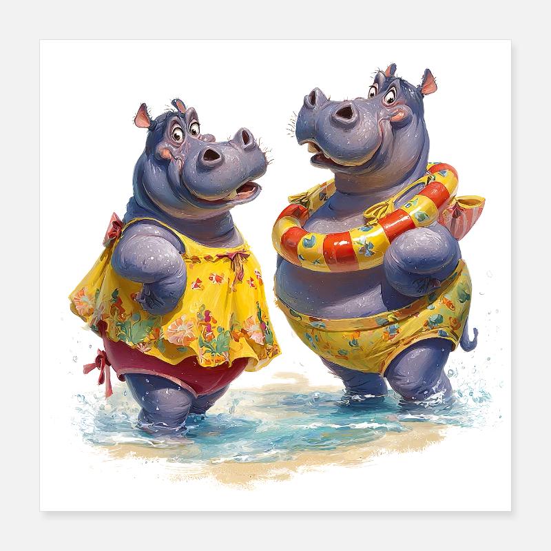 Two Hippos in Bathing Suit Poster 16" x 16" (40x40 cm)