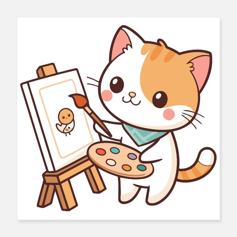 Kunstenaar Kat en Klein Kuiken Poster 40x40 cm