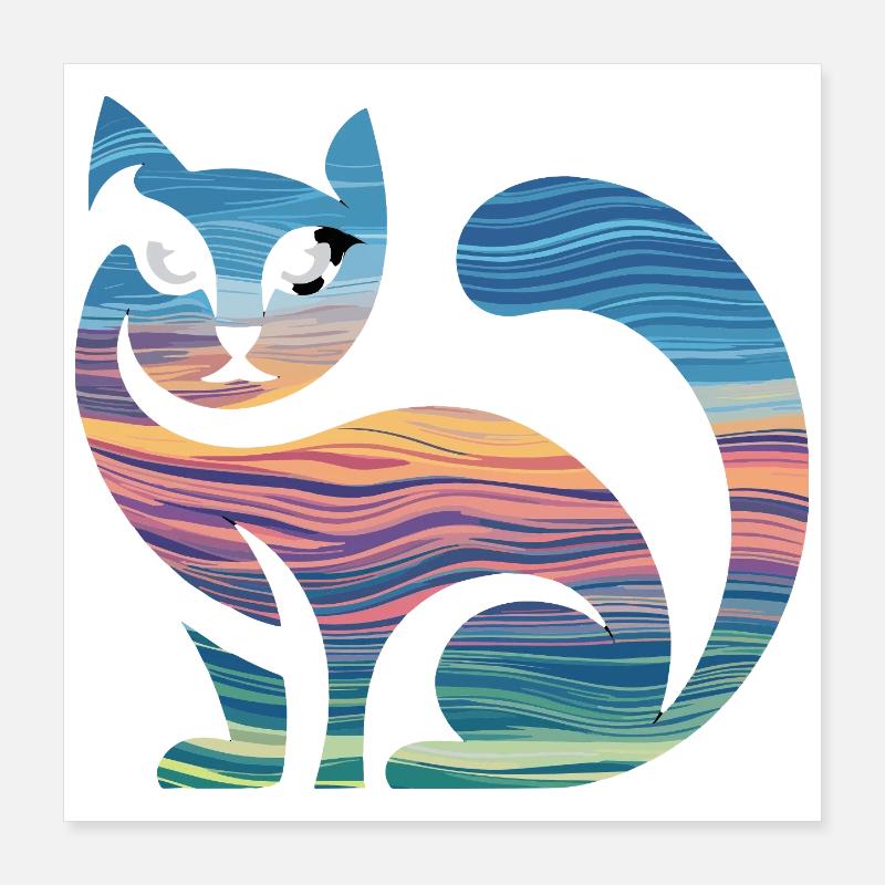 Silhouette colorée de chat avec coucher de soleil et Poster 40 x 40 cm