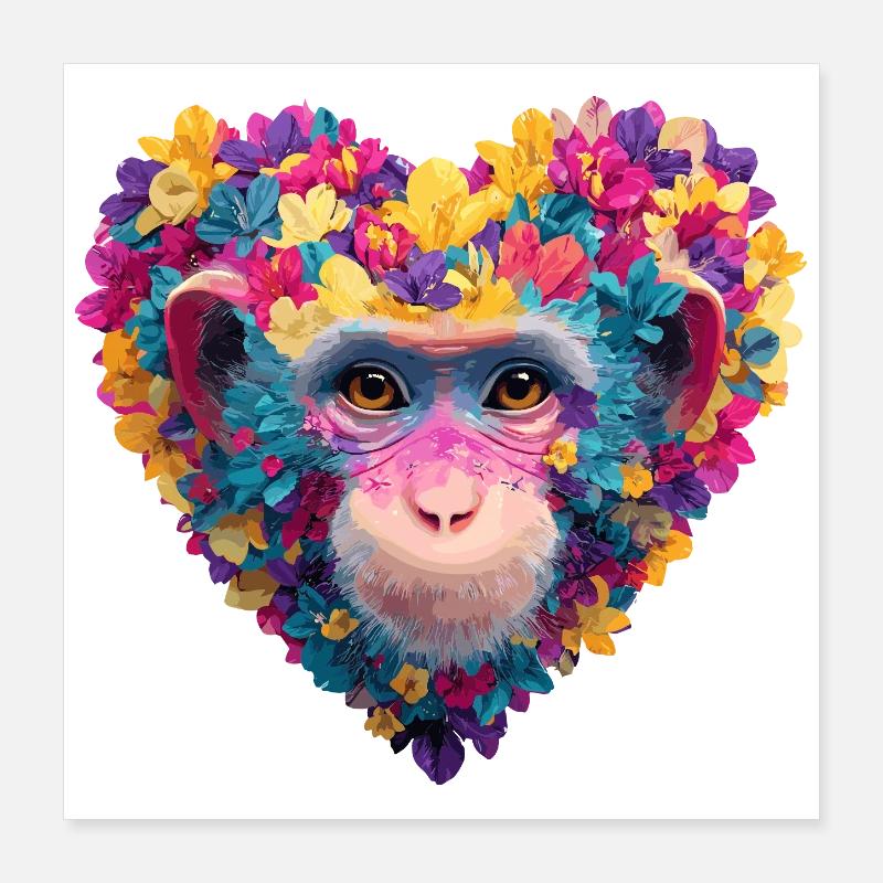 Jeu de couleurs cœur de singe avec guirlande de fleurs Poster 40 x 40 cm