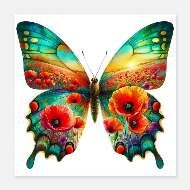 Papillon fleurs coquelicot champ de pavot Poster 40 x 40 cm