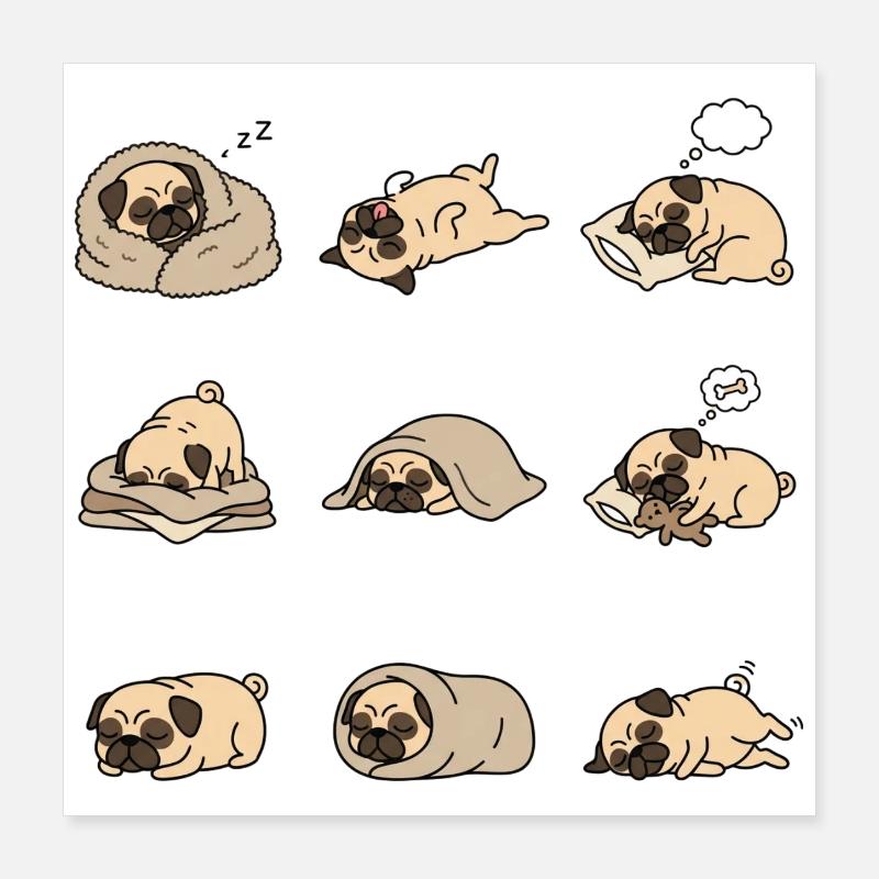 Neuf poses mignonnes de carlin endormi Poster 40 x 40 cm