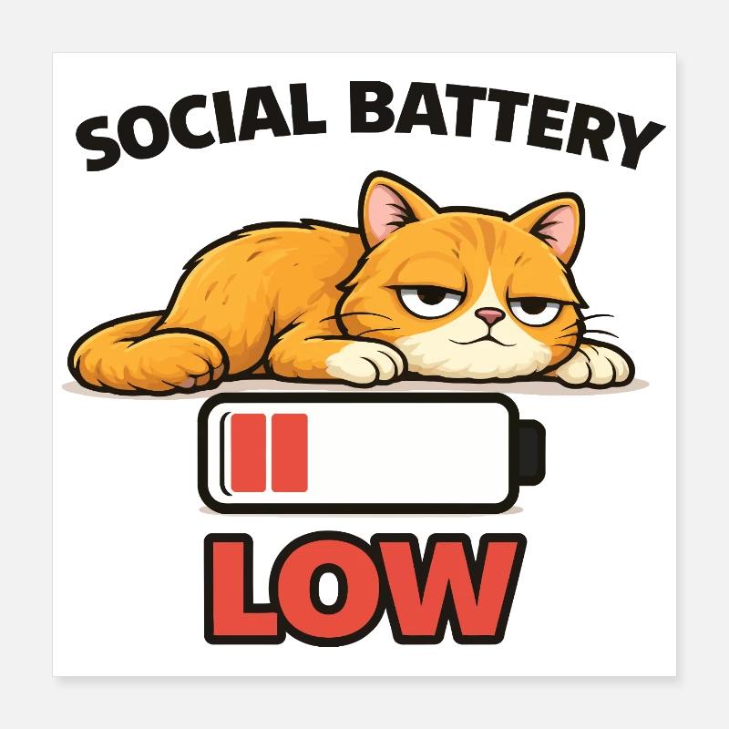 Low Battery Cat Graphic Tee Poster 16" x 16" (40x40 cm)