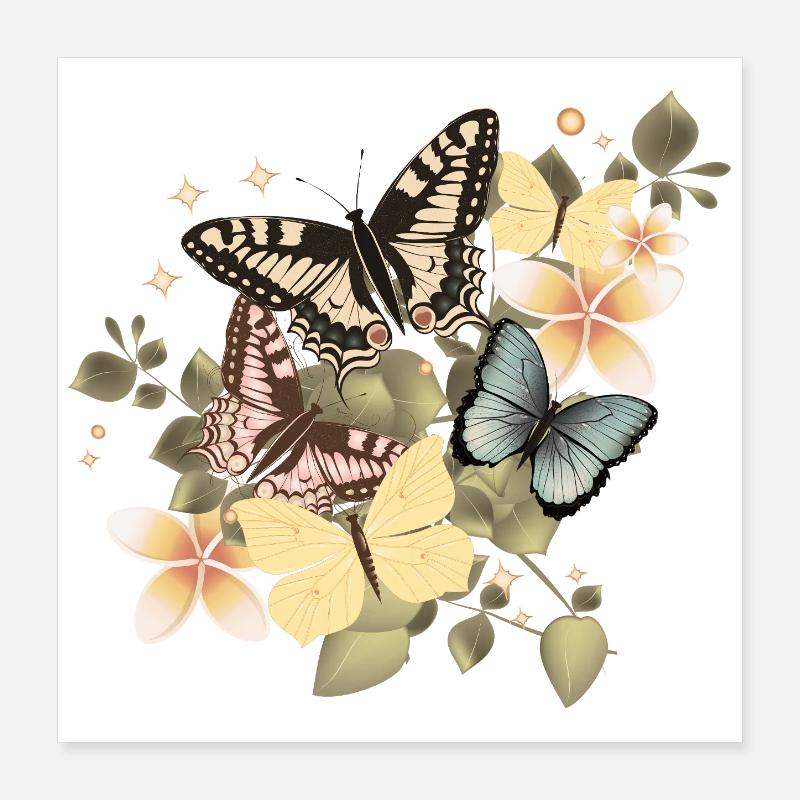 Papillons dans une mer de fleurs vintage Poster 40 x 40 cm