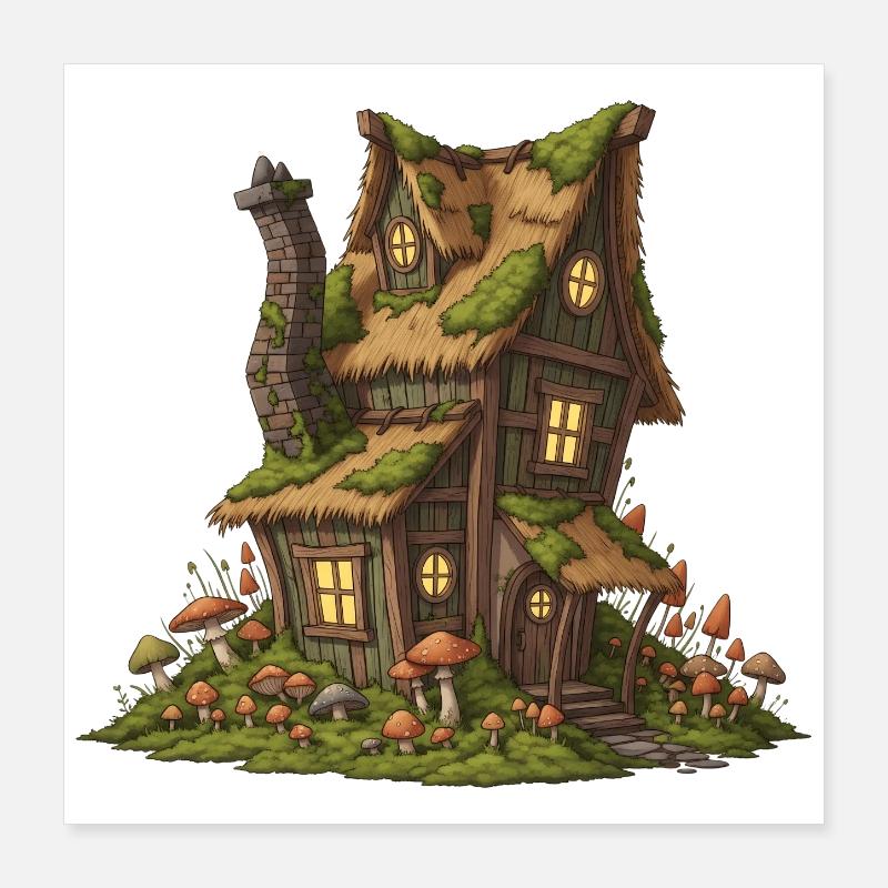 Fabuleuse maison forestière avec champignons Poster 40 x 40 cm