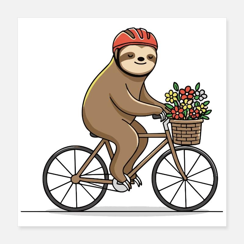Cute sloth on bicycle with flower basket Poster 16" x 16" (40x40 cm)