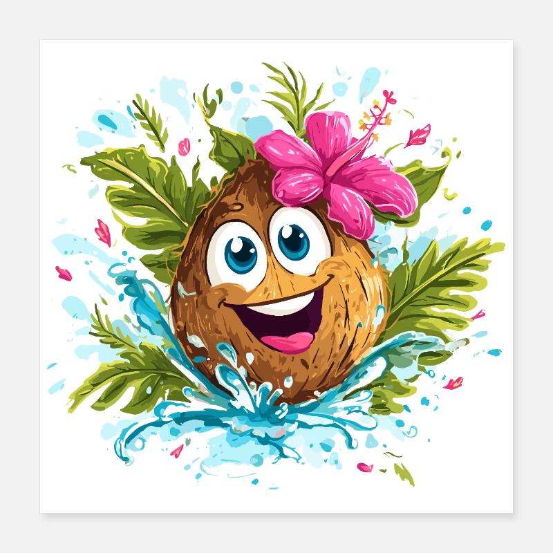 Tropical Coconut Cheerful Illustration Poster 16" x 16" (40x40 cm)