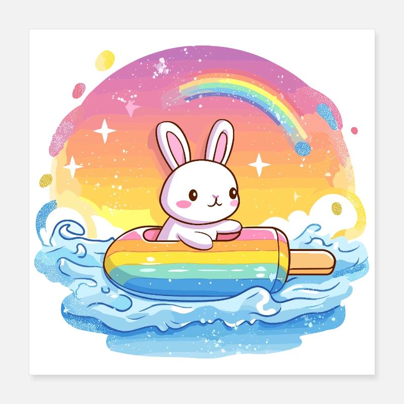 Petit lapin surfe la mer arc-en-ciel Poster 40 x 40 cm