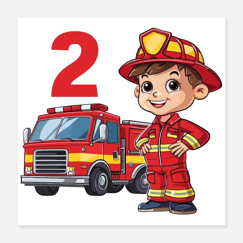 2 Anniversaire Camion de pompiers Pompier Pompiers Poster 40 x 40 cm
