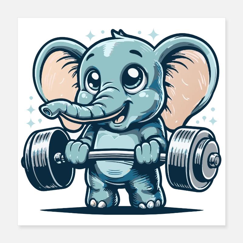 Cute cartoon elephant doing strength training Poster 16" x 16" (40x40 cm)