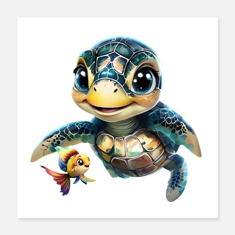 Animated Sea Turtle with Goldfish Poster 16" x 16" (40x40 cm)