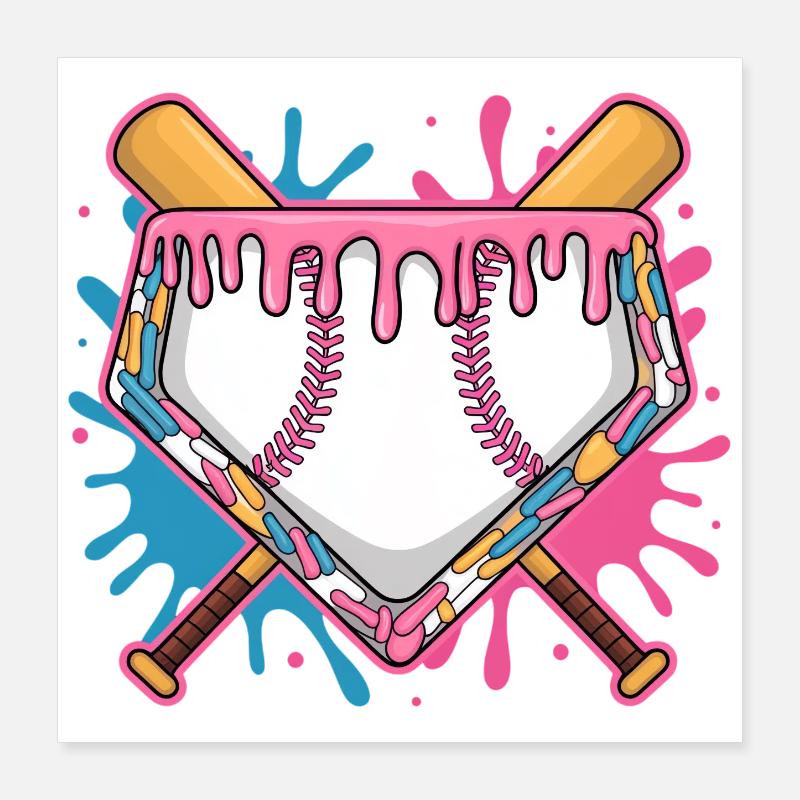 Plaque de baseball avec glaçage rose et batte Poster 40 x 40 cm