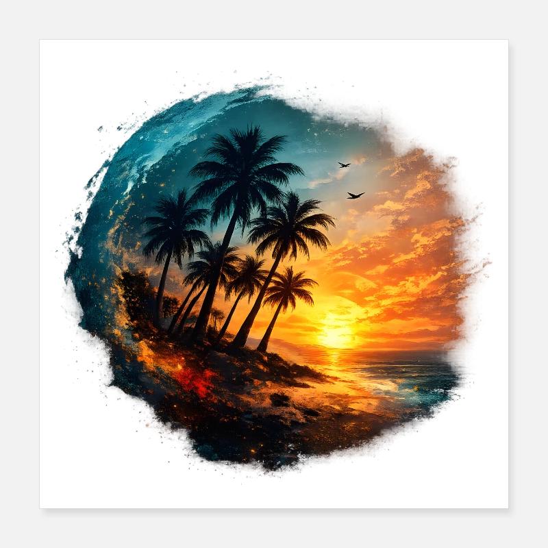Coucher soleil palmier plage Poster 40 x 40 cm