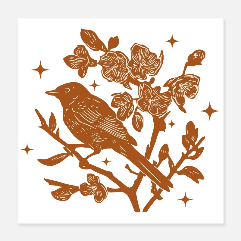 Silhouette Vogel und Herbstblumen Poster 40x40 cm