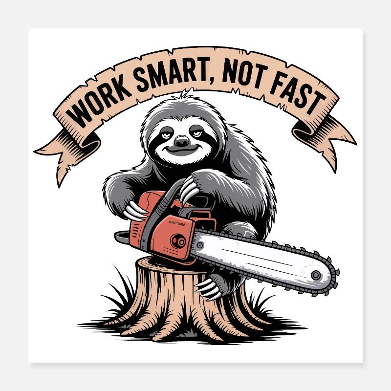 Work Smart Not Fast Sloth Kettensäge Poster 40x40 cm