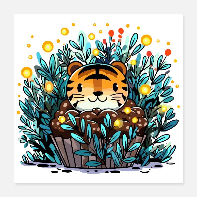 Tigre dans un panier de fleurs Cupcake Poster 40 x 40 cm