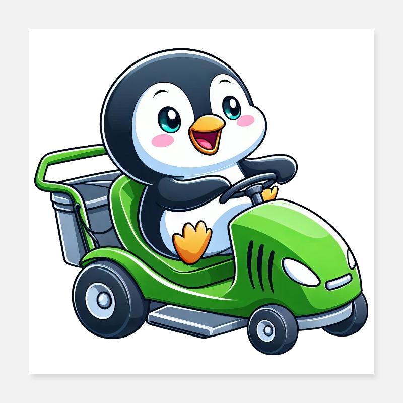 Cute Penguin Lawn Mower Horticulture Poster 16" x 16" (40x40 cm)
