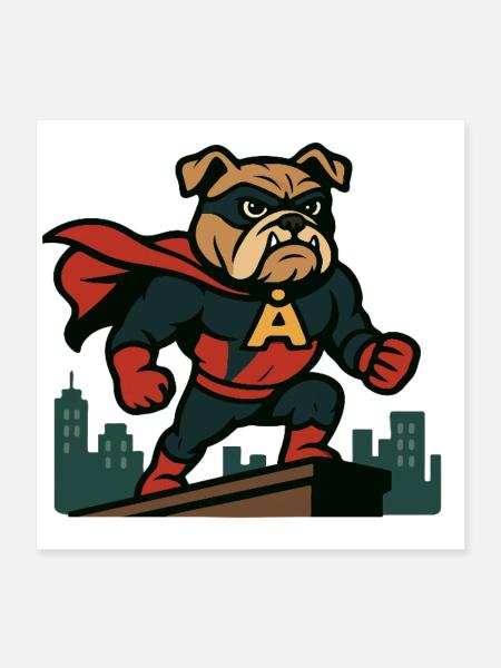 Superheld Bulldogge Stehend Brave Stadt Karikatur - Poster 40x40 cm - Weiß - Vorne