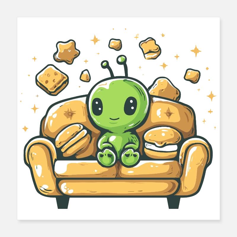 Cuddly alien on sunny sofa Poster 16" x 16" (40x40 cm)