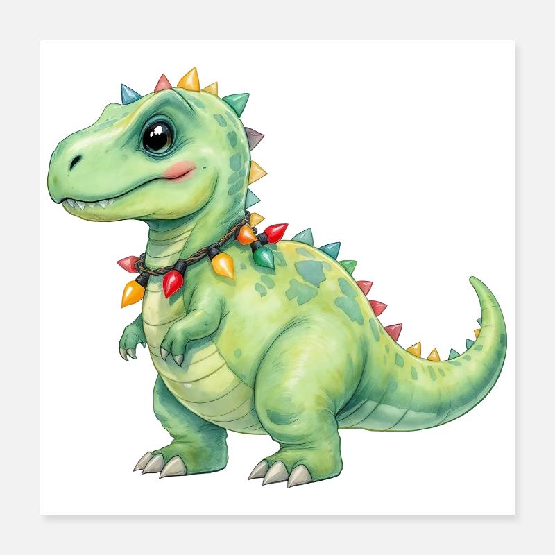 Bunter Dino mit Lichterkette Poster 40x40 cm