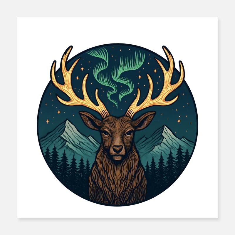 Nordlicht-Elch in Berglandschaft Poster 40x40 cm