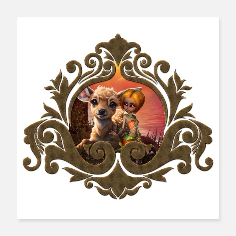 La petite fée et le faon mignon Poster 40 x 40 cm
