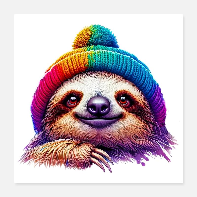 Sloth with wool cap hat Poster 16" x 16" (40x40 cm)