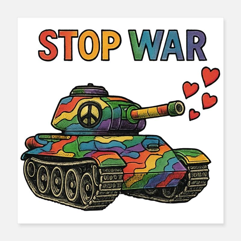 Regenbogen Panzer mit Peace-Zeichen – STOP WAR Poster 40x40 cm