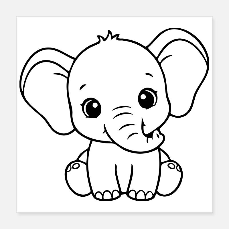 Bébé éléphant mignon – Noir et Blanc - Poster 40 x 40 cm - blanc