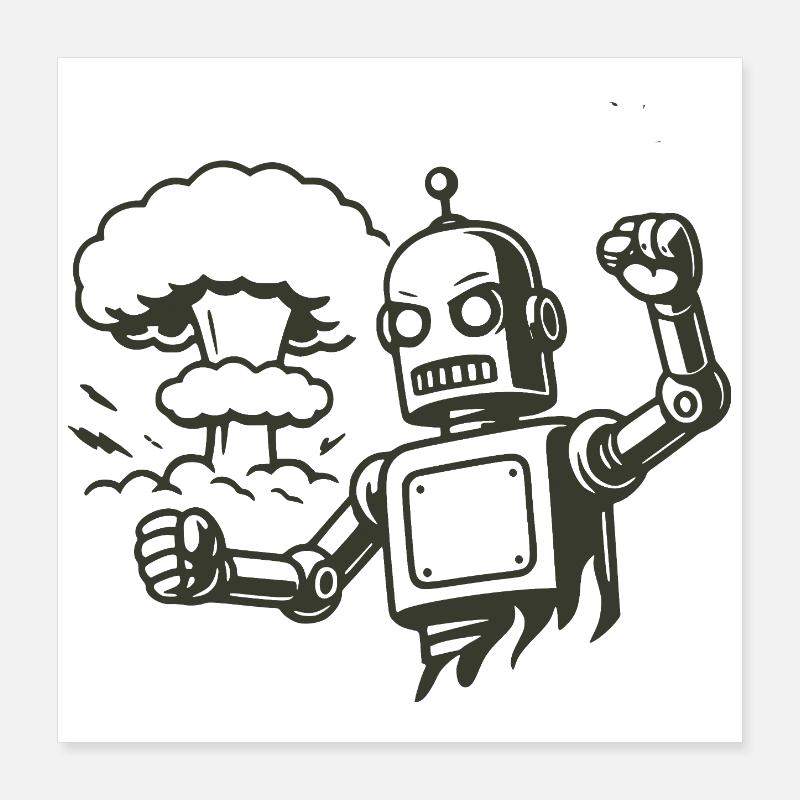 Retro robot in front of explosion cloud Poster 16" x 16" (40x40 cm)
