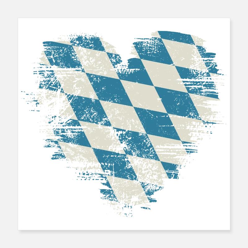 Retro Bavaria Heart with Blue White Diamond Pattern Poster 16" x 16" (40x40 cm)
