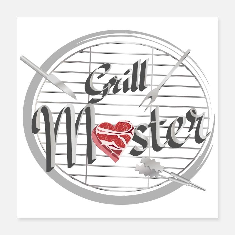 Ein Grill mit Grillbesteck und Fleisch in Herzform Poster 40x40 cm