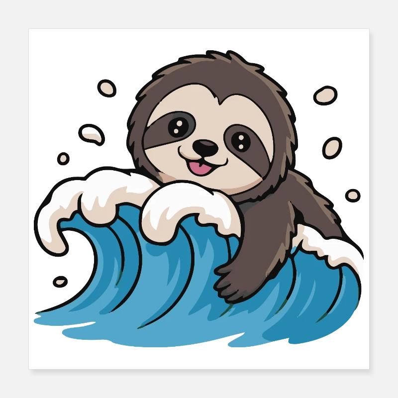 Sloth Surf on Ocean Wave Poster 16" x 16" (40x40 cm)