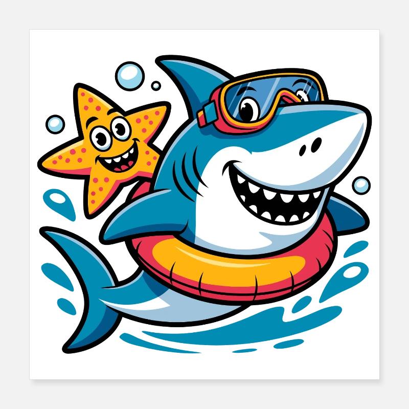 Requin drôle avec une étoile de mer Poster 40 x 40 cm