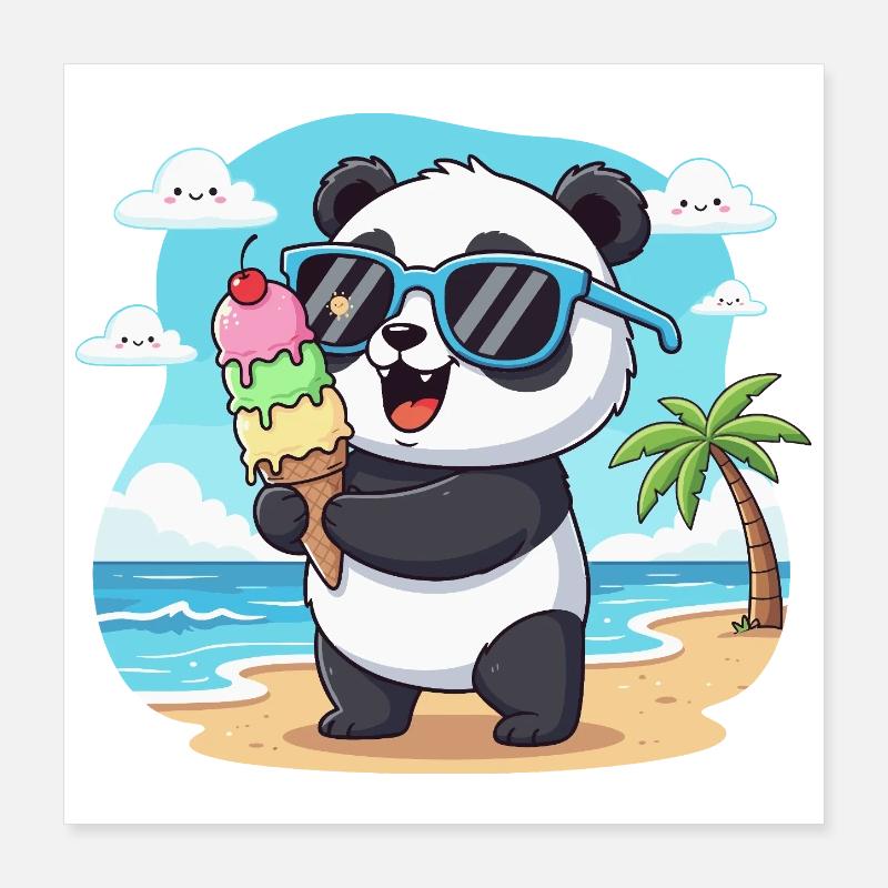 Panda sur la plage avec de la glace Poster 40 x 40 cm