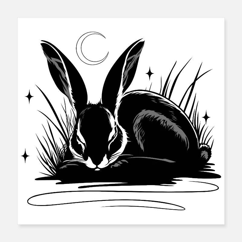 Sleeping rabbit in the grass with moon and stars Poster 16" x 16" (40x40 cm)