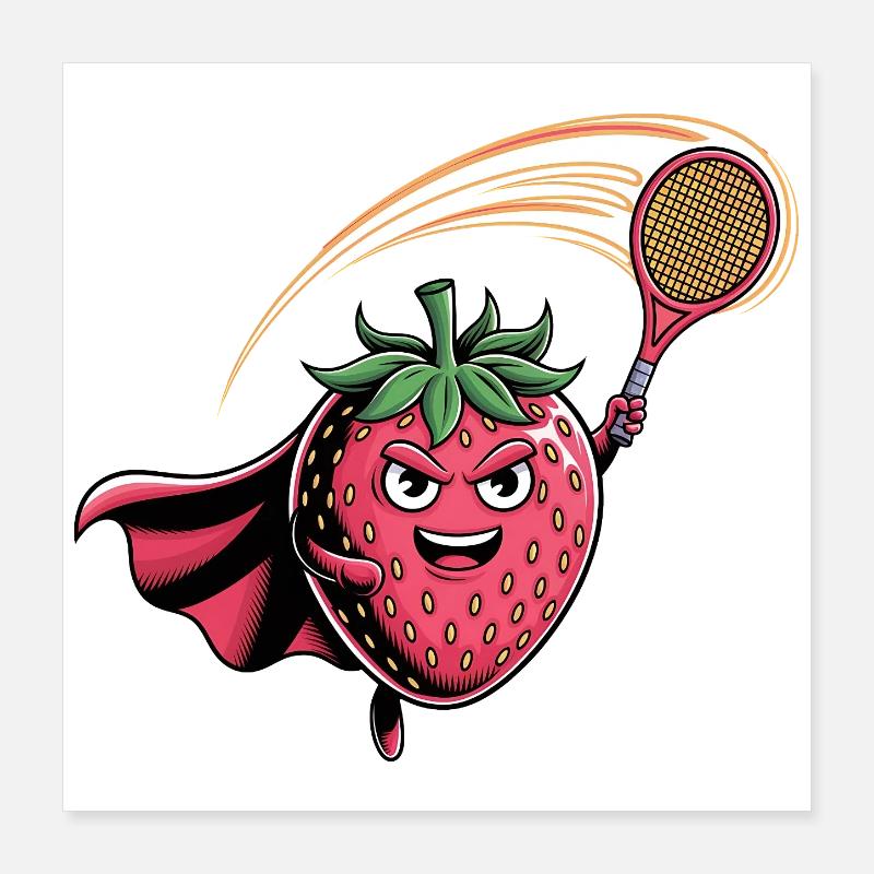 Erdbeere Superheld Tennis Smash mit Schläger Poster 40x40 cm
