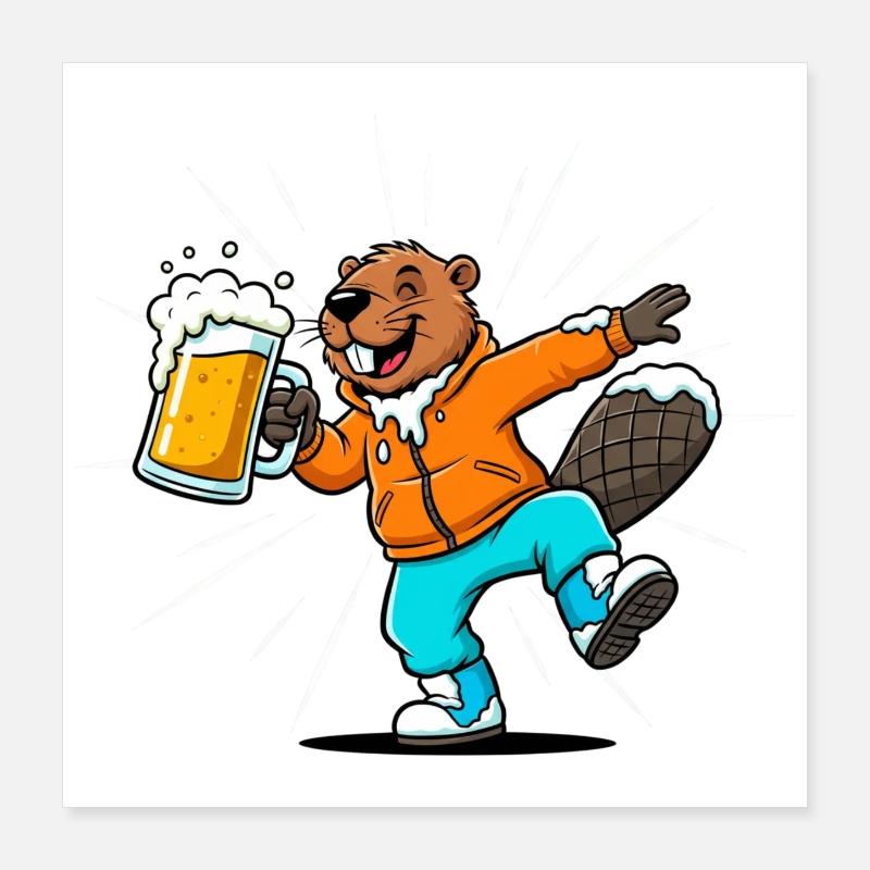 Feiernder Biber mit Bier Apres Ski Party Poster 40x40 cm