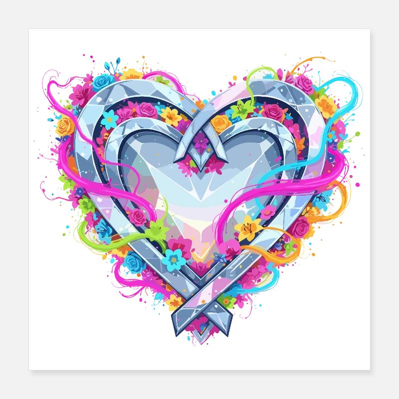 Cœur fleuri coloré avec des vrilles en forme d’arc Poster 40 x 40 cm