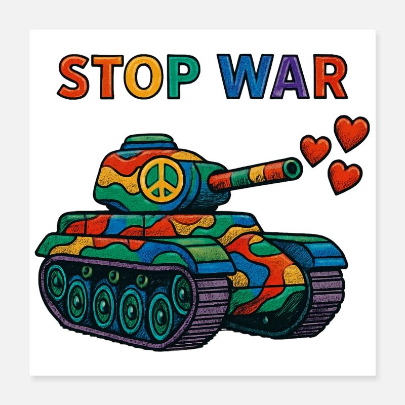 Regenbogen Panzer mit Peace-Zeichen – STOP WAR Poster 40x40 cm