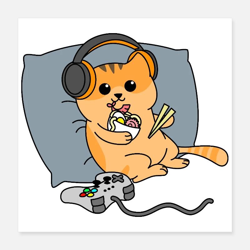 Chat jouant aux jeux vidéo au lit Mangeant des ramen Poster 40 x 40 cm