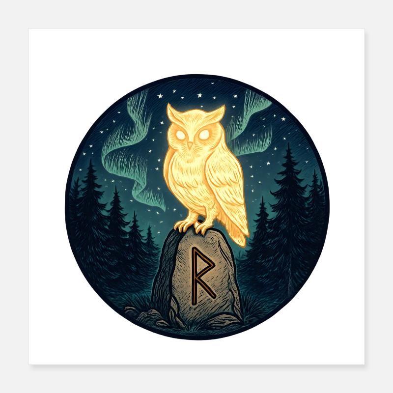 Goldene Eule über Mondfels im Wald Poster 40x40 cm