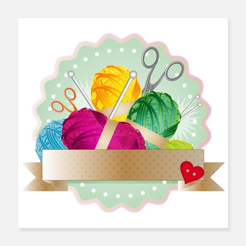 Balls of wool, button & knitting needles as a colorful patch Poster 16" x 16" (40x40 cm)