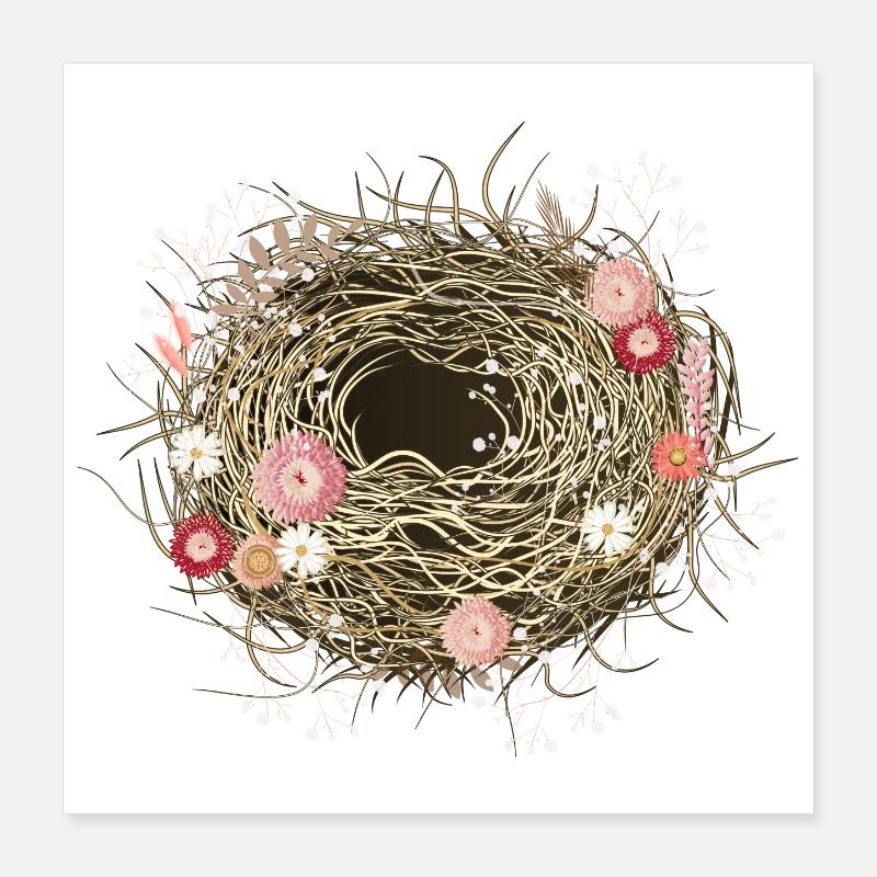 leeres Vogelnest oder Osternest mit Trockenblumen Poster 40x40 cm