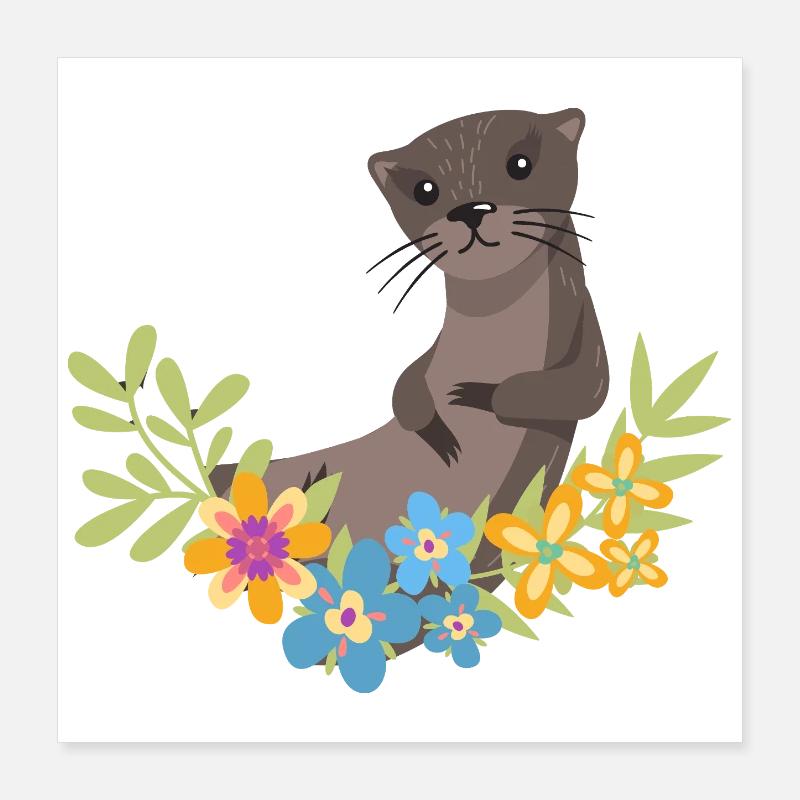 Loutre de mer dessin animé fleur floral Poster 40 x 40 cm