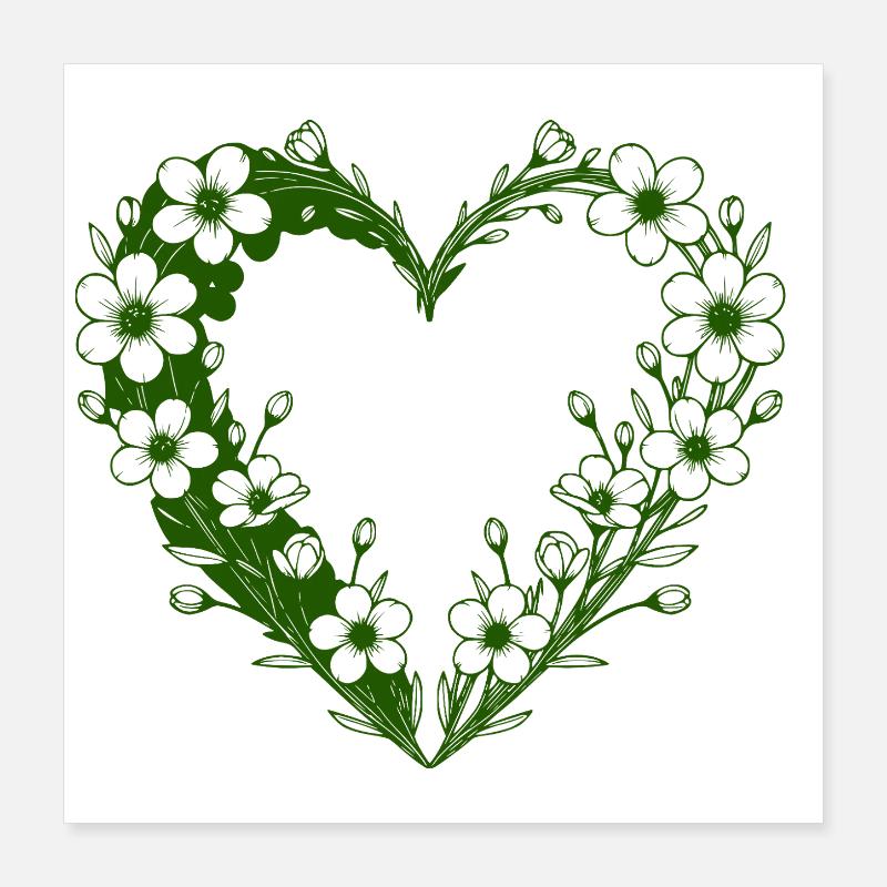 Cœur fleuri vert Silhouette florale Poster 40 x 40 cm