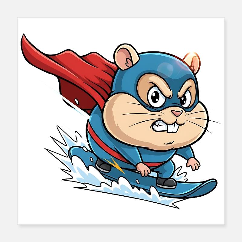 Superheld Hamster Surf Skate Cartoon Poster 40x40 cm