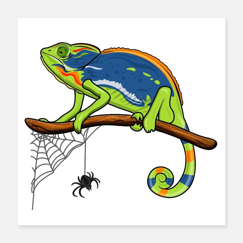 Chamäleon auf Ast mit Spinnennetz Poster 40x40 cm
