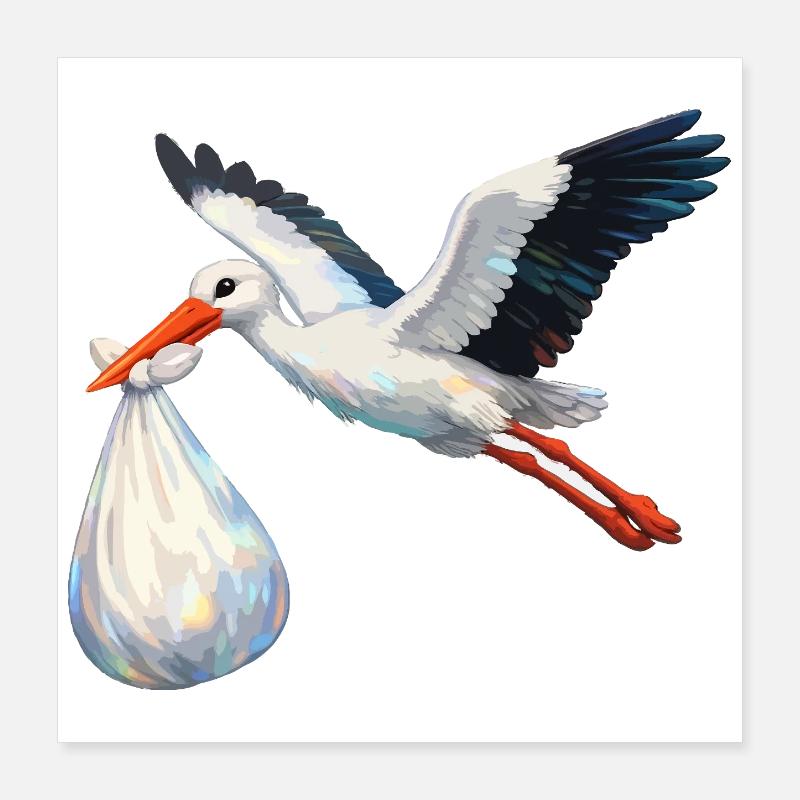 Cigogne avec sac bébé Poster 40 x 40 cm